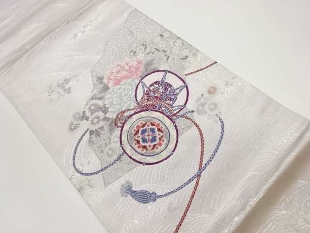 JAPANESE KIMONO / VINTAGE HIRAKI NAGOYA OBI / WOVEN DRUM & FLOWERS